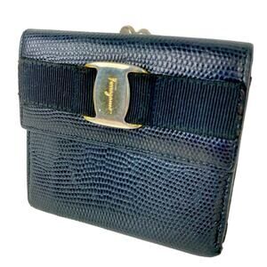 SALVATORE FERRAGAMO Leather Vara Bow Compact Wallet in Black
